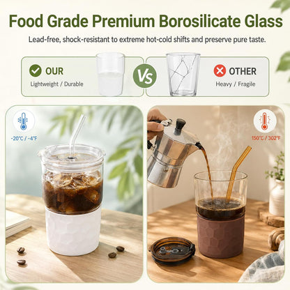 16oz Coffee Tumbler, Reusable Borosilicate Glass Cups with Lids and Straws | Leakproof Thick Water Glasses with Non-Slip Sleeve | Travel Mugs for Water, Matcha, Smoothie, Juice | 2 Packs- Coffee Brown