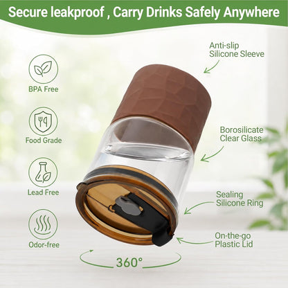 16oz Coffee Tumbler, Reusable Borosilicate Glass Cups with Lids and Straws | Leakproof Thick Water Glasses with Non-Slip Sleeve | Travel Mugs for Water, Matcha, Smoothie, Juice | 2 Packs- Coffee Brown