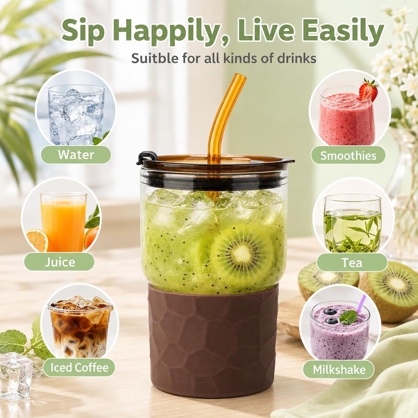 16oz Coffee Tumbler, Reusable Borosilicate Glass Cups with Lids and Straws | Leakproof Thick Water Glasses with Non-Slip Sleeve | Travel Mugs for Water, Matcha, Smoothie, Juice | 2 Packs- Coffee Brown