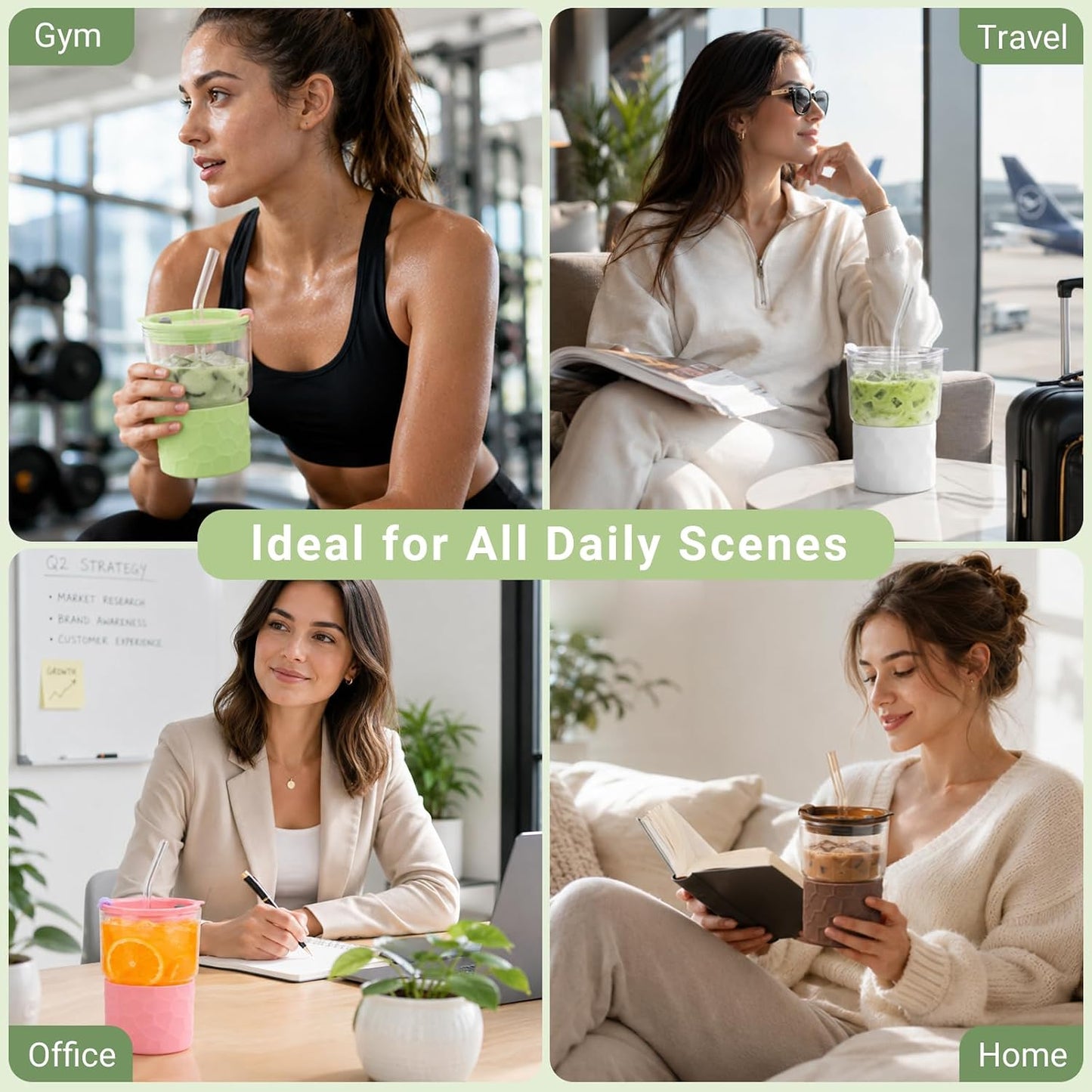 16oz Coffee Tumbler, Reusable Borosilicate Glass Cups with Lids and Straws | Leakproof Thick Water Glasses with Non-Slip Sleeve | Travel Mugs for Water, Matcha, Smoothie, Juice | 2 Packs- Coffee Brown