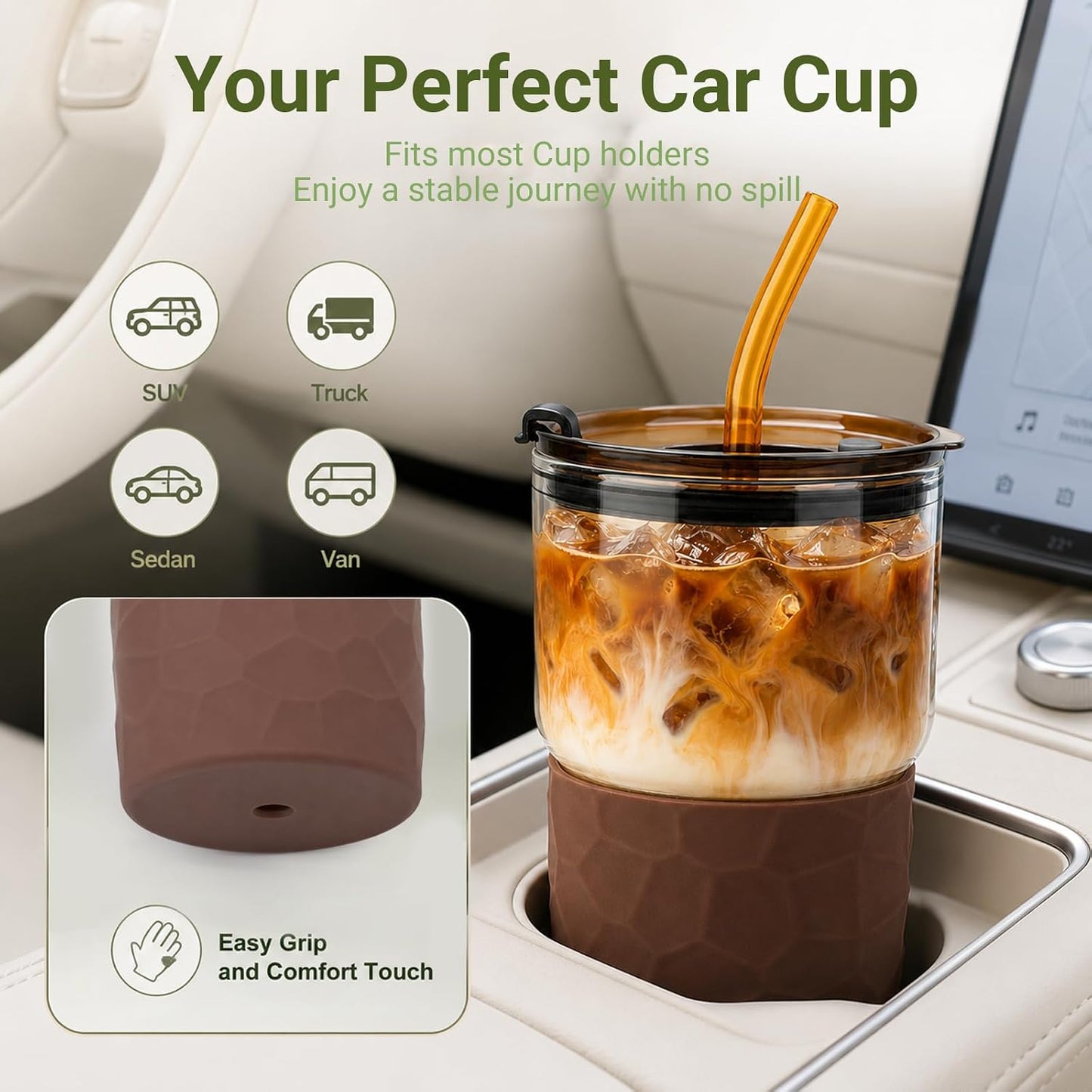 16oz Coffee Tumbler, Reusable Borosilicate Glass Cups with Lids and Straws | Leakproof Thick Water Glasses with Non-Slip Sleeve | Travel Mugs for Water, Matcha, Smoothie, Juice | 2 Packs- Coffee Brown