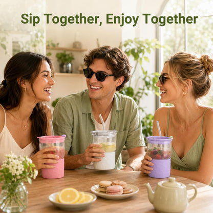 16oz Coffee Tumbler, Reusable Borosilicate Glass Cups with Lids and Straws | Leakproof Thick Water Glasses with Non-Slip Sleeve | Travel Mugs for Water, Matcha, Smoothie, Juice | 2 Packs- Coffee Brown