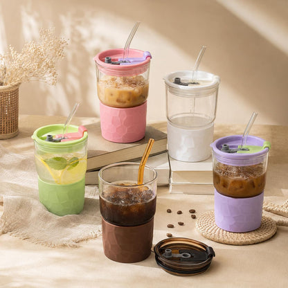 16oz Coffee Tumbler, Reusable Borosilicate Glass Cups with Lids and Straws | Leakproof Thick Water Glasses with Non-Slip Sleeve | Travel Mugs for Water, Matcha, Smoothie, Juice | 2 Packs- Coffee Brown