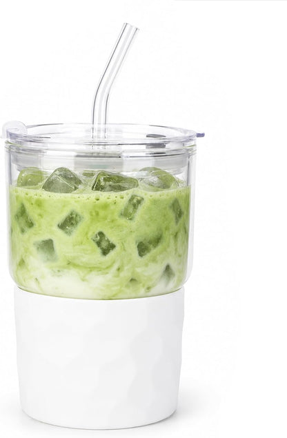16oz Coffee Tumbler, Reusable Borosilicate Glass Cups with Lids and Straws | Leakproof Thick Water Glasses with Non-Slip Sleeve | Travel Mugs for Water, Matcha, Smoothie, Juice | 2 Packs- Coffee Brown