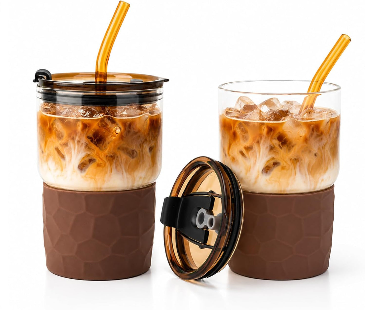 16oz Coffee Tumbler, Reusable Borosilicate Glass Cups with Lids and Straws | Leakproof Thick Water Glasses with Non-Slip Sleeve | Travel Mugs for Water, Matcha, Smoothie, Juice | 2 Packs- Coffee Brown
