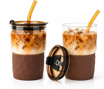 16oz Coffee Tumbler, Reusable Borosilicate Glass Cups with Lids and Straws | Leakproof Thick Water Glasses with Non-Slip Sleeve | Travel Mugs for Water, Matcha, Smoothie, Juice | 2 Packs- Coffee Brown