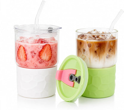 16oz Coffee Tumbler, Reusable Borosilicate Glass Cups with Lids and Straws | Leakproof Thick Water Glasses with Non-Slip Sleeve | Travel Mugs for Water, Matcha, Smoothie, Juice | 2 Packs- Coffee Brown