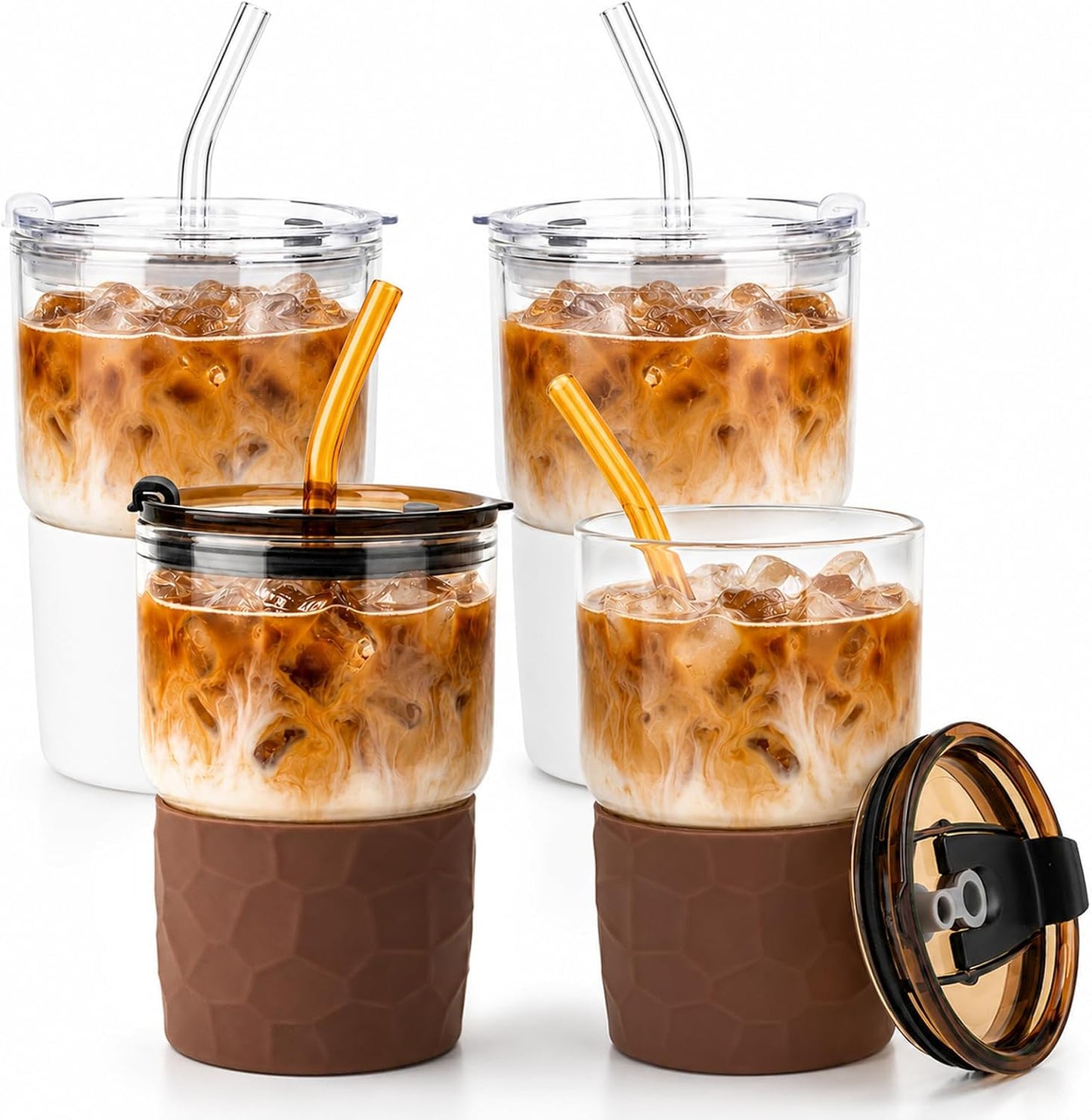 16oz Coffee Tumbler, Reusable Borosilicate Glass Cups with Lids and Straws | Leakproof Thick Water Glasses with Non-Slip Sleeve | Travel Mugs for Water, Matcha, Smoothie, Juice | 2 Packs- Coffee Brown