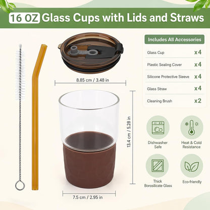 16oz Coffee Tumbler, Reusable Borosilicate Glass Cups with Lids and Straws | Leakproof Thick Water Glasses with Non-Slip Sleeve | Travel Mugs for Water, Matcha, Smoothie, Juice | 2 Packs- Coffee Brown