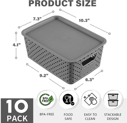 Toy Organization Basket with Cover Lightweight Bin Open Sides Side Handles for Bedroom Closet Shelf Household Cleanup Lightweight Organizer Basket Lidded Bin Closet Shelf