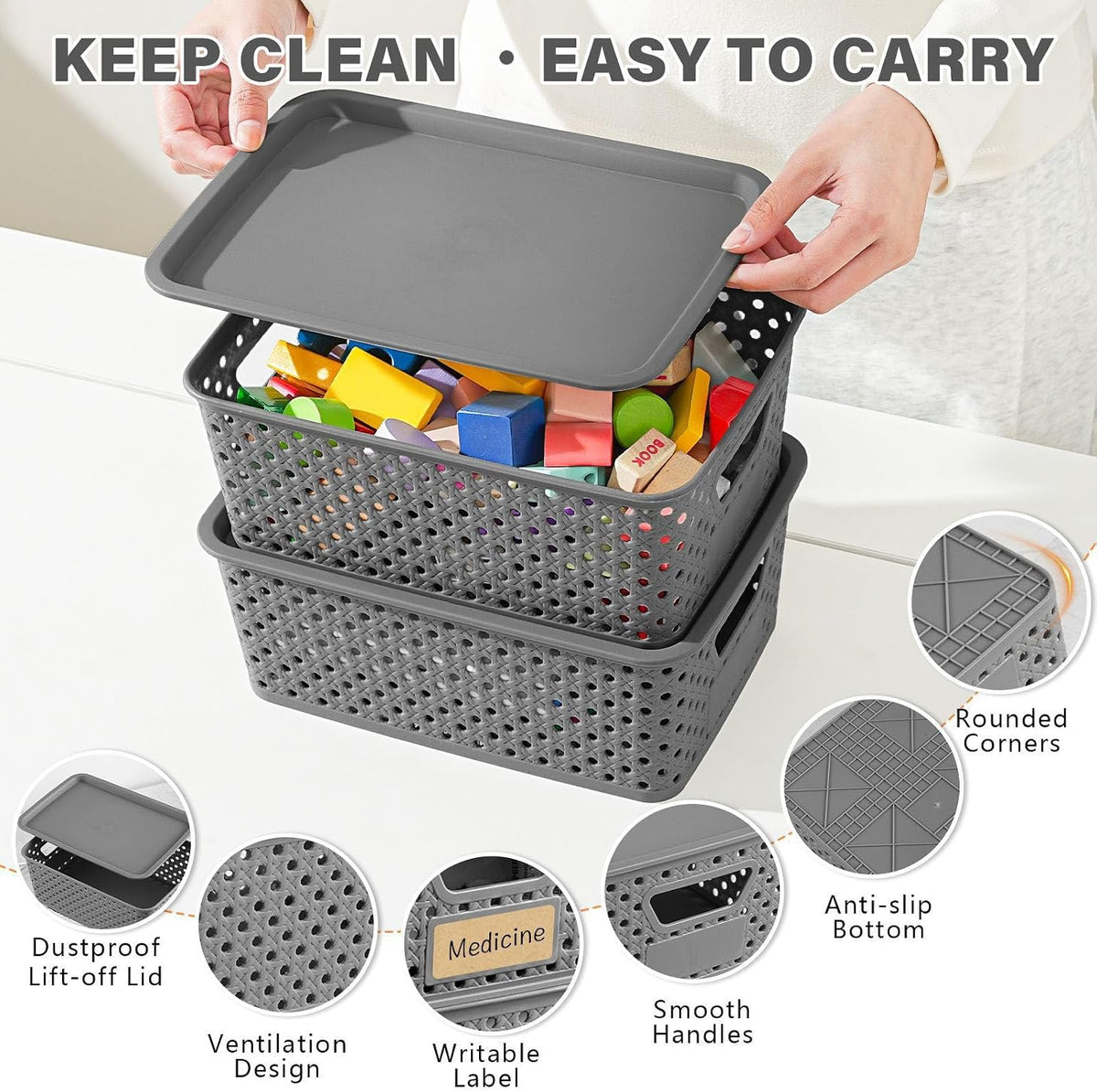 Toy Organization Basket with Cover Lightweight Bin Open Sides Side Handles for Bedroom Closet Shelf Household Cleanup Lightweight Organizer Basket Lidded Bin Closet Shelf