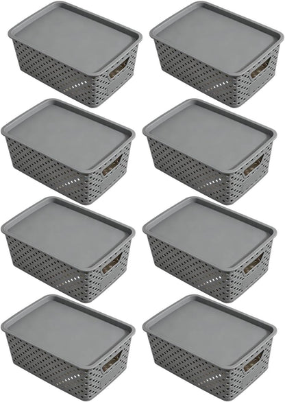 Toy Organization Basket with Cover Lightweight Bin Open Sides Side Handles for Bedroom Closet Shelf Household Cleanup Lightweight Organizer Basket Lidded Bin Closet Shelf