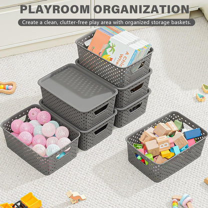 Toy Organization Basket with Cover Lightweight Bin Open Sides Side Handles for Bedroom Closet Shelf Household Cleanup Lightweight Organizer Basket Lidded Bin Closet Shelf