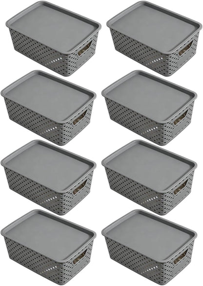 Toy Organization Basket with Cover Lightweight Bin Open Sides Side Handles for Bedroom Closet Shelf Household Cleanup Lightweight Organizer Basket Lidded Bin Closet Shelf