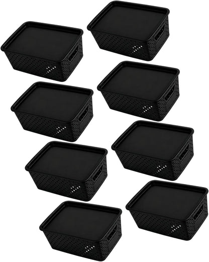Toy Organization Basket with Cover Lightweight Bin Open Sides Side Handles for Bedroom Closet Shelf Household Cleanup Lightweight Organizer Basket Lidded Bin Closet Shelf