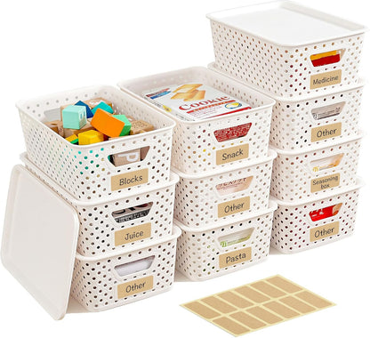 Toy Organization Basket with Cover Lightweight Bin Open Sides Side Handles for Bedroom Closet Shelf Household Cleanup Lightweight Organizer Basket Lidded Bin Closet Shelf