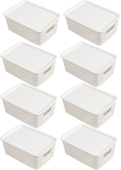 Toy Organization Basket with Cover Lightweight Bin Open Sides Side Handles for Bedroom Closet Shelf Household Cleanup Lightweight Organizer Basket Lidded Bin Closet Shelf