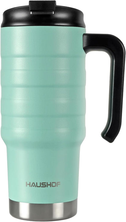 24 oz Travel Mug, Stainless Double Wall Vacuum Insulated Tumbler with Handle & Spill Proof Twist On Flip Lid and Wide Mouth, BPA Free