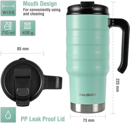 24 oz Travel Mug, Stainless Double Wall Vacuum Insulated Tumbler with Handle & Spill Proof Twist On Flip Lid and Wide Mouth, BPA Free