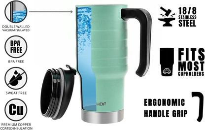 24 oz Travel Mug, Stainless Double Wall Vacuum Insulated Tumbler with Handle & Spill Proof Twist On Flip Lid and Wide Mouth, BPA Free