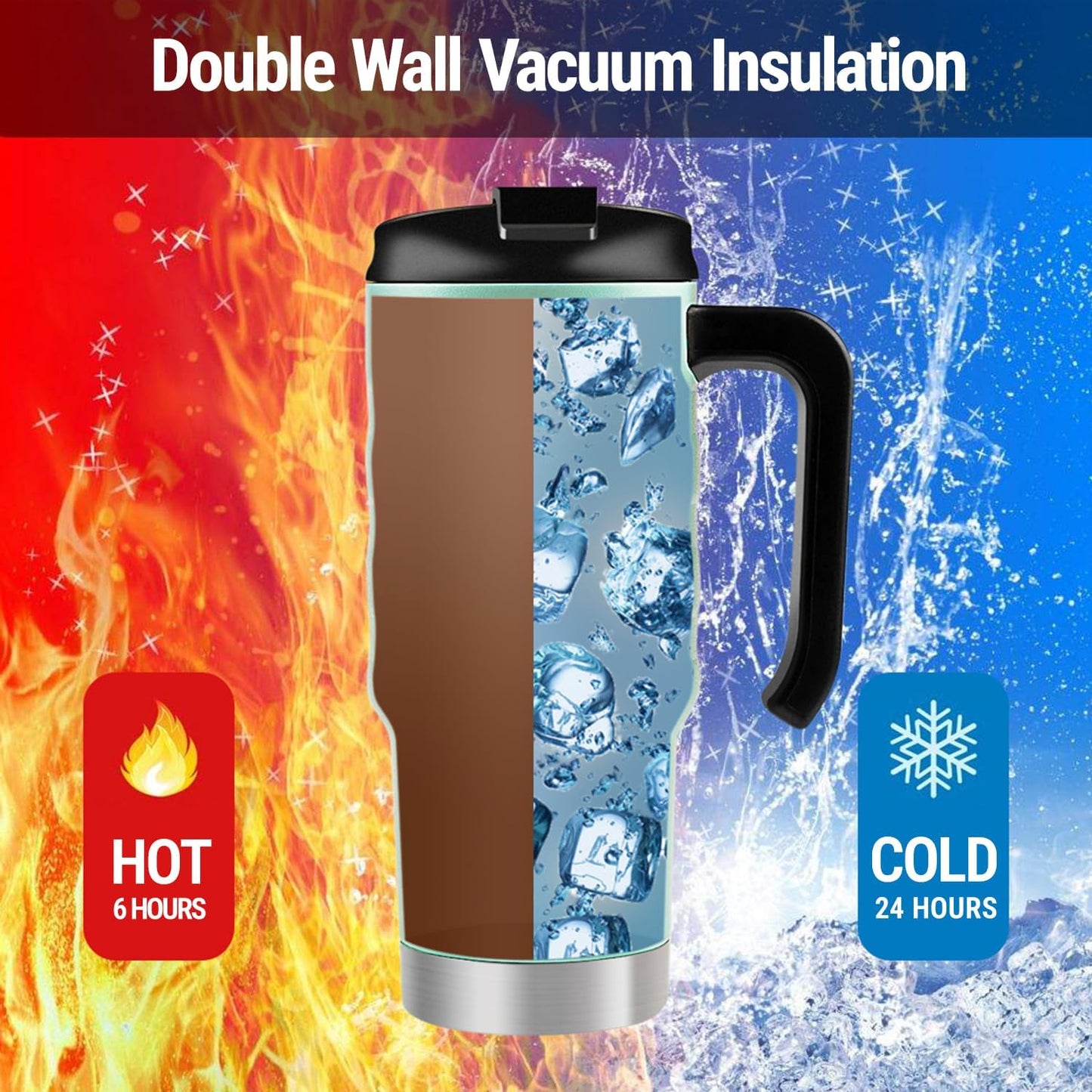 24 oz Travel Mug, Stainless Double Wall Vacuum Insulated Tumbler with Handle & Spill Proof Twist On Flip Lid and Wide Mouth, BPA Free