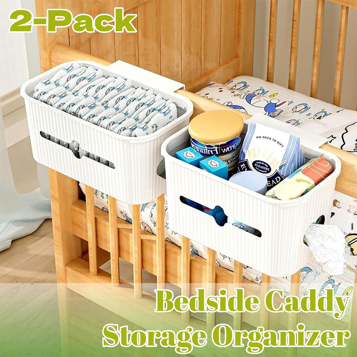 Bedside Storage Box Bin Organizer Diaper Caddy Organizer for Kids Bed, Crib, Playard,Playpen, Nursery Bedroom, Bathroom Essentials,for Books, Tissues, Cup & Snacks(White)
