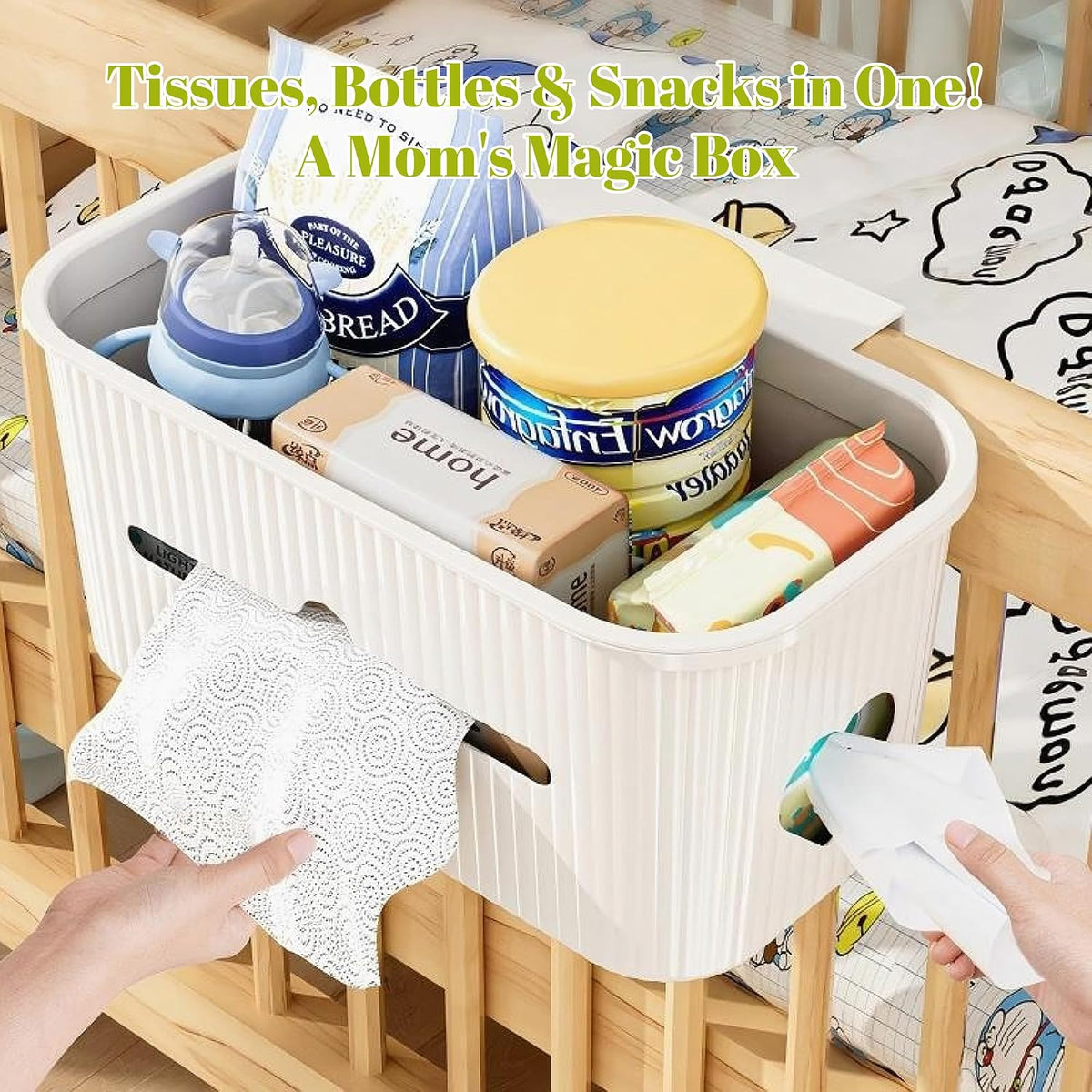 Bedside Storage Box Bin Organizer Diaper Caddy Organizer for Kids Bed, Crib, Playard,Playpen, Nursery Bedroom, Bathroom Essentials,for Books, Tissues, Cup & Snacks(White)