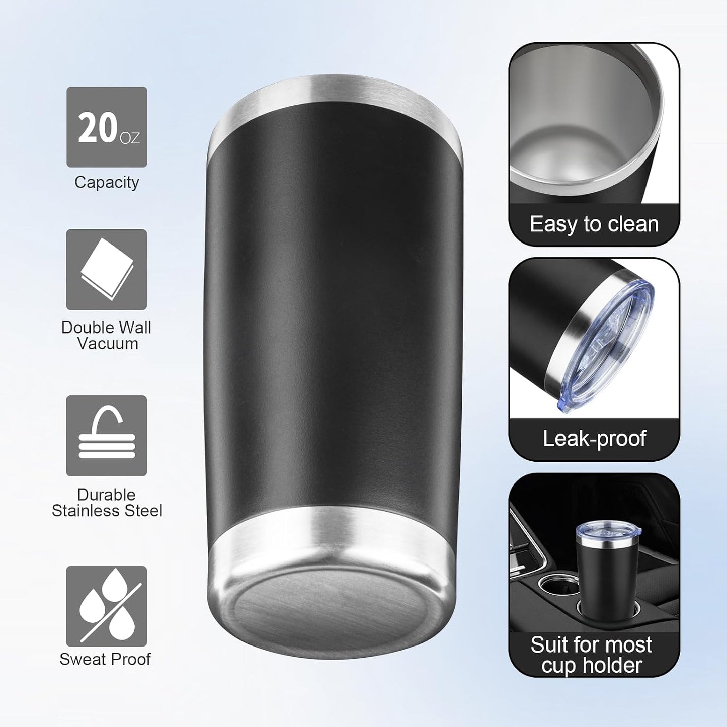 20oz Tumbler with Lid and Straw Double Wall Powder Coated Vacuum Insulated Coffee Tumbler Stainless Steel Insulated Travel Coffee Mug Spill-Proof Thermal Cup for Hot and Cold Beverage,Black
