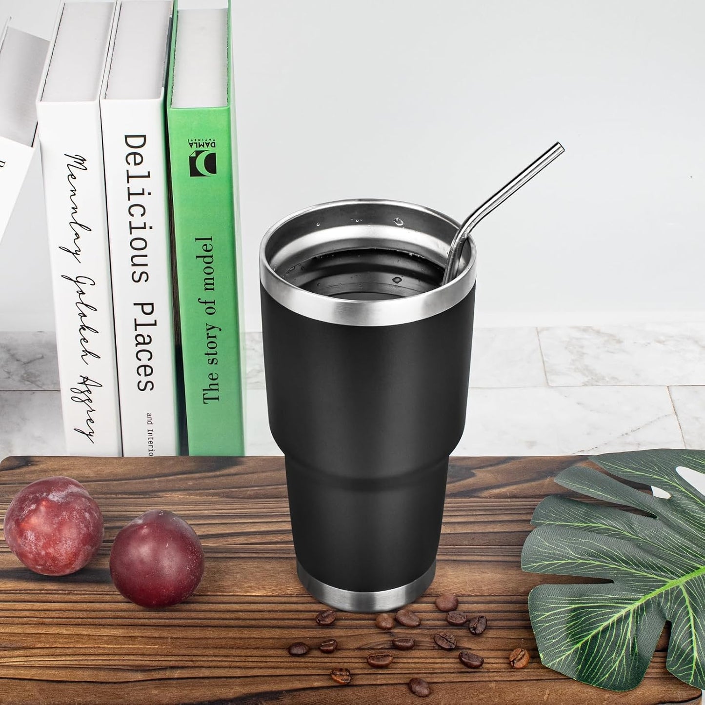 20oz Tumbler with Lid and Straw Double Wall Powder Coated Vacuum Insulated Coffee Tumbler Stainless Steel Insulated Travel Coffee Mug Spill-Proof Thermal Cup for Hot and Cold Beverage,Black