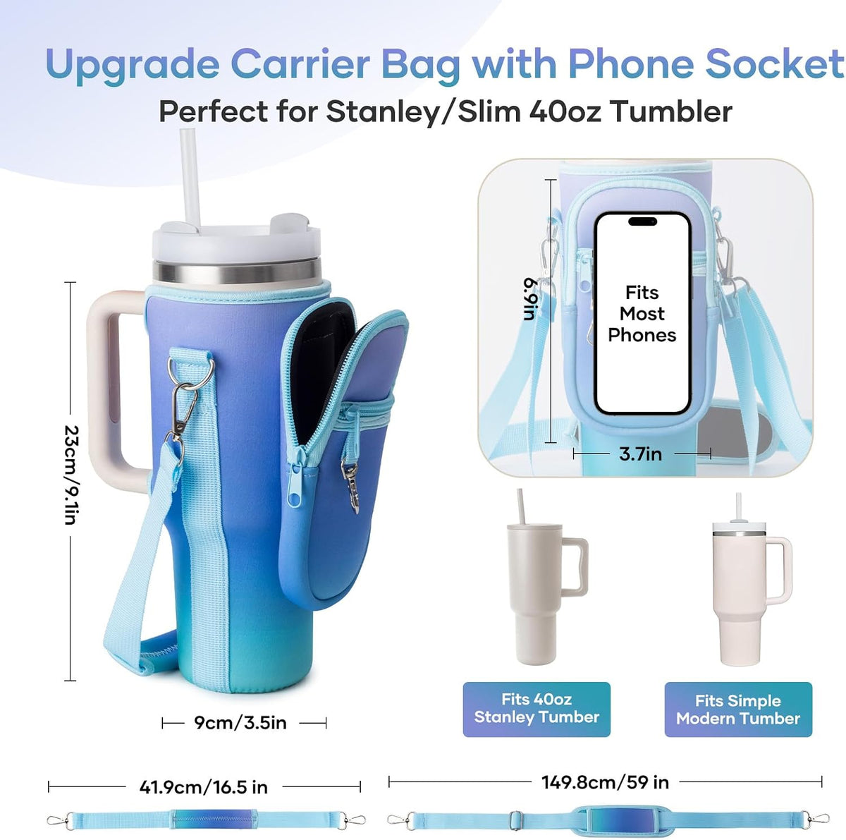 linmaya Water Bottle Carrier Bag for Stanley Cup 40/30oz with Phone Holder Pockets,Neoprene Water Bottle Cross-body Bag with Adjustable Shoulder & Hand Strap Stanley Cup Accessories