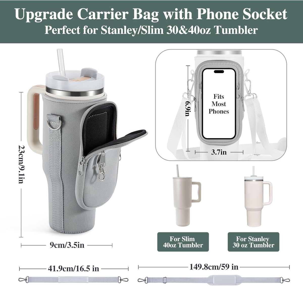 linmaya Water Bottle Carrier Bag for Stanley Cup 40/30oz with Phone Holder Pockets,Neoprene Water Bottle Cross-body Bag with Adjustable Shoulder & Hand Strap Stanley Cup Accessories