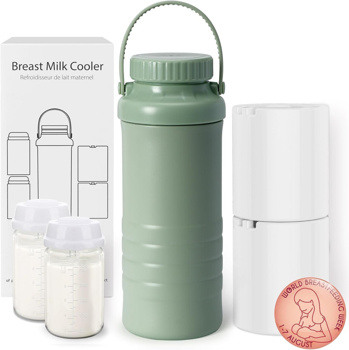 Portable Breast Milk Cooler Bottle - Mothers Day Gift 22oz Capacity Breastmilk Chiller for Travel, 360° Cooling Keeps Milk Fresh for 24 Hours, Breastfeeding Essentials with 2pcs Bottle for Storage