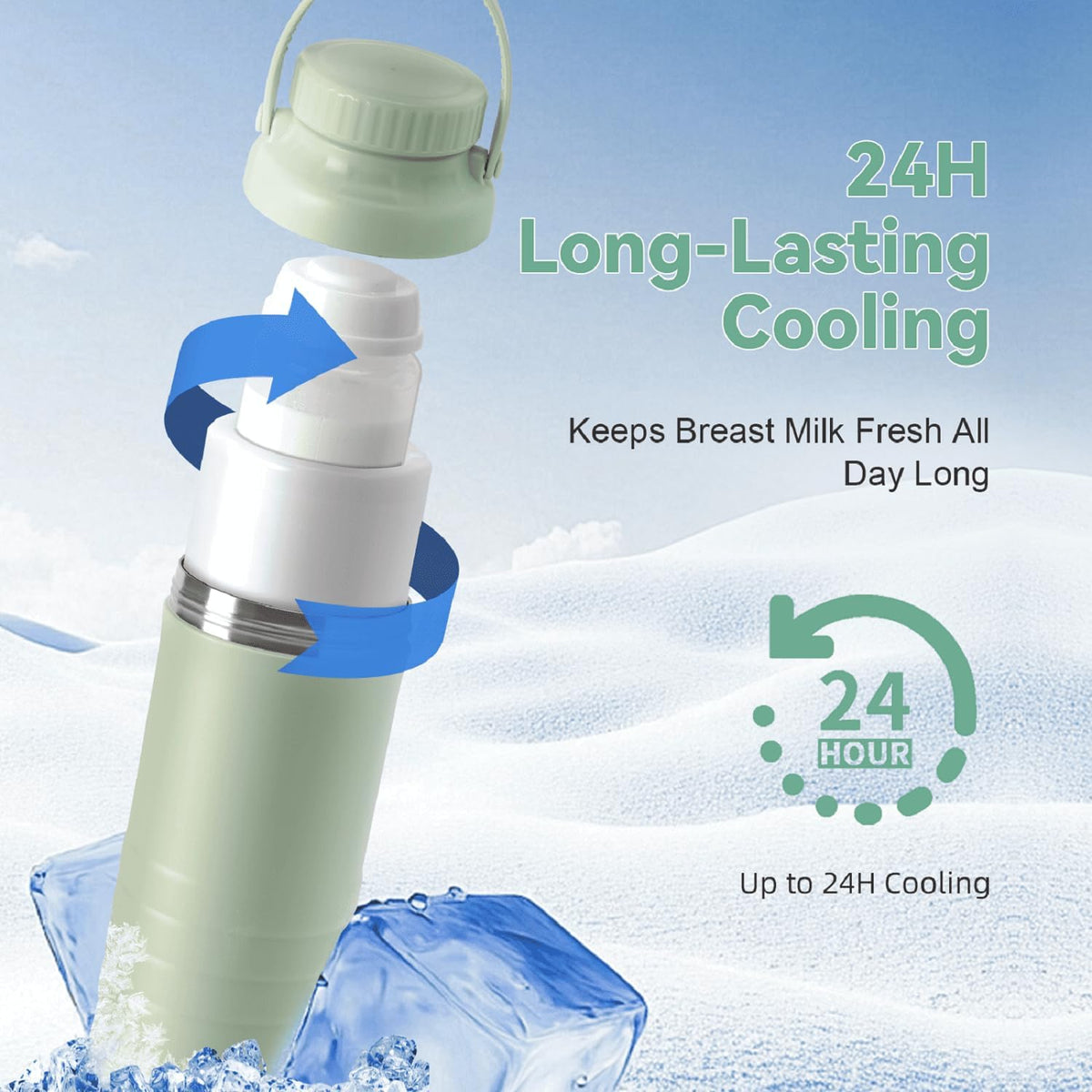 Portable Breast Milk Cooler Bottle - Mothers Day Gift 22oz Capacity Breastmilk Chiller for Travel, 360° Cooling Keeps Milk Fresh for 24 Hours, Breastfeeding Essentials with 2pcs Bottle for Storage