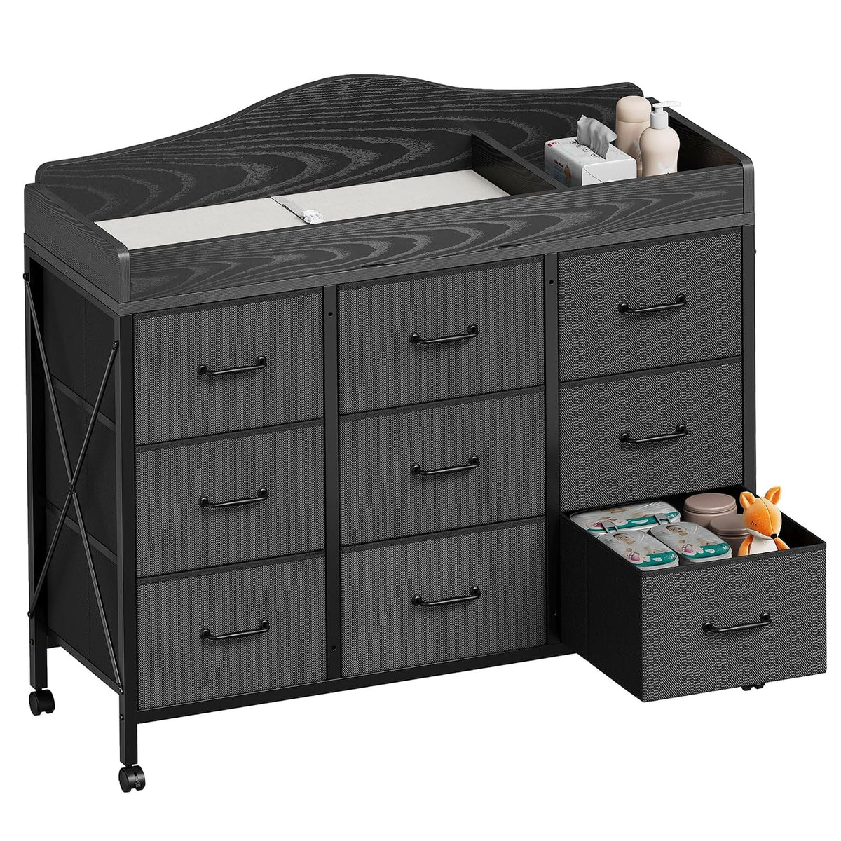 Baby Changing Table, 9 Fabric Boxes, Waterproof Pad, Mobile Nursery, Black
