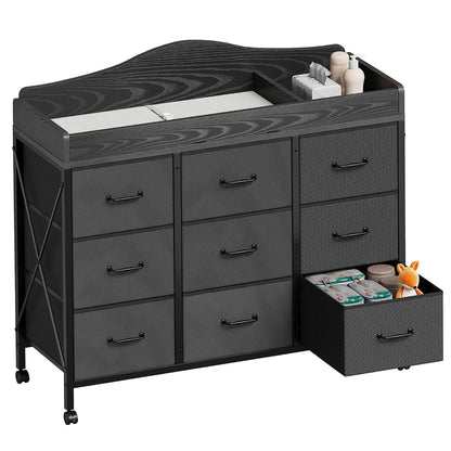 Baby Changing Table, 9 Fabric Boxes, Waterproof Pad, Mobile Nursery, Black