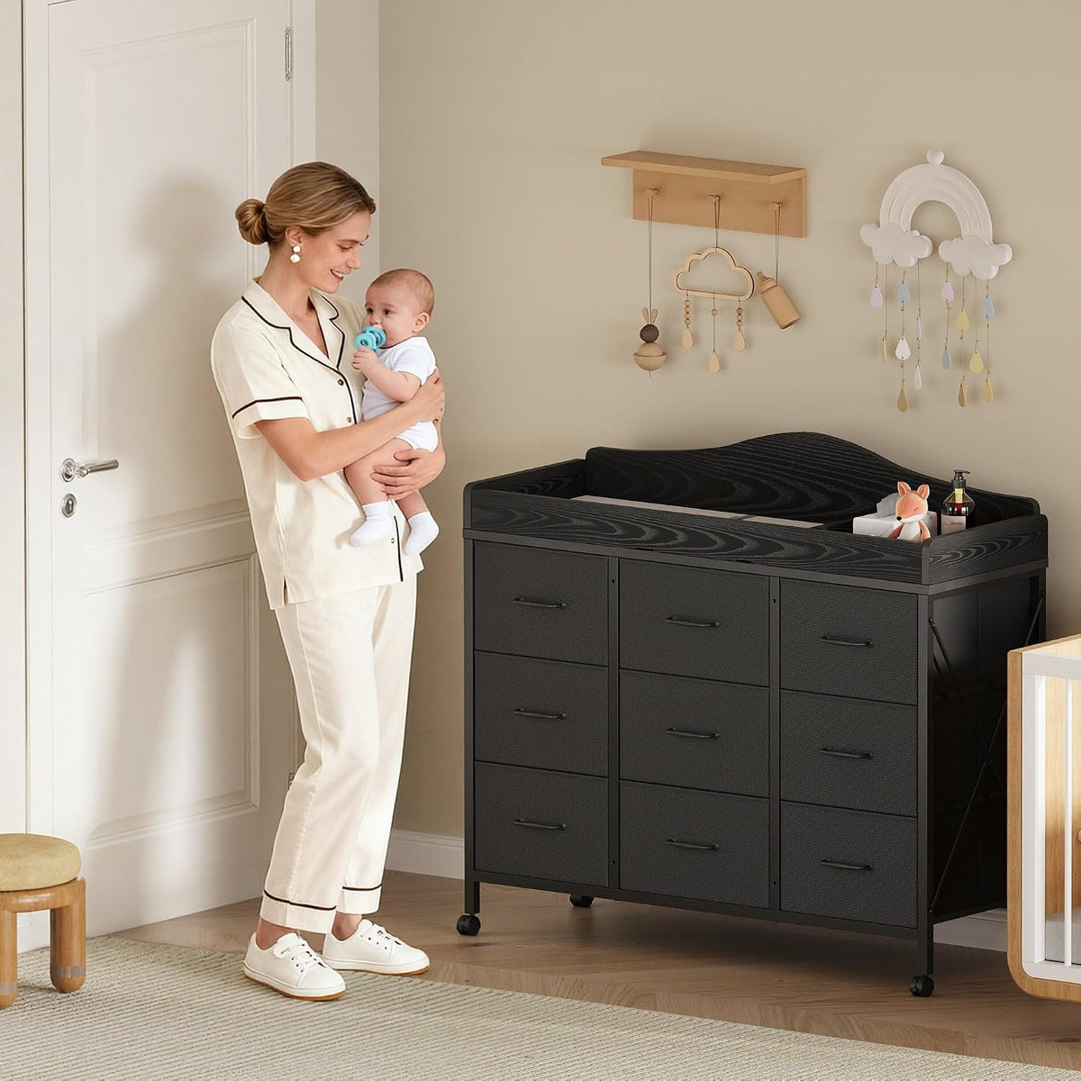 Baby Changing Table, 9 Fabric Boxes, Waterproof Pad, Mobile Nursery, Black