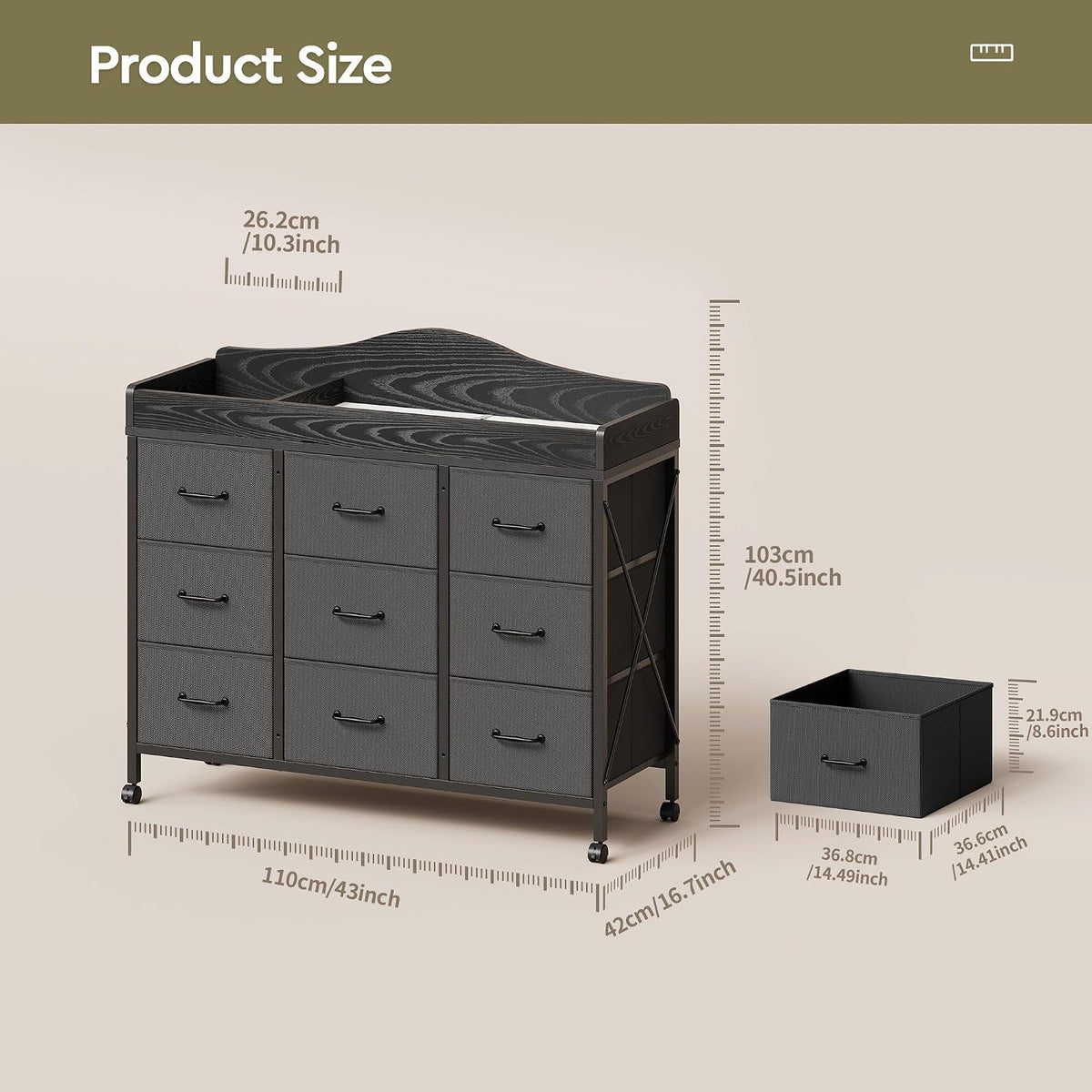 Baby Changing Table, 9 Fabric Boxes, Waterproof Pad, Mobile Nursery, Black