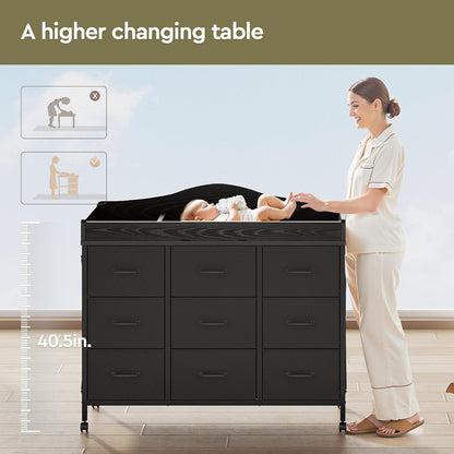 Baby Changing Table, 9 Fabric Boxes, Waterproof Pad, Mobile Nursery, Black