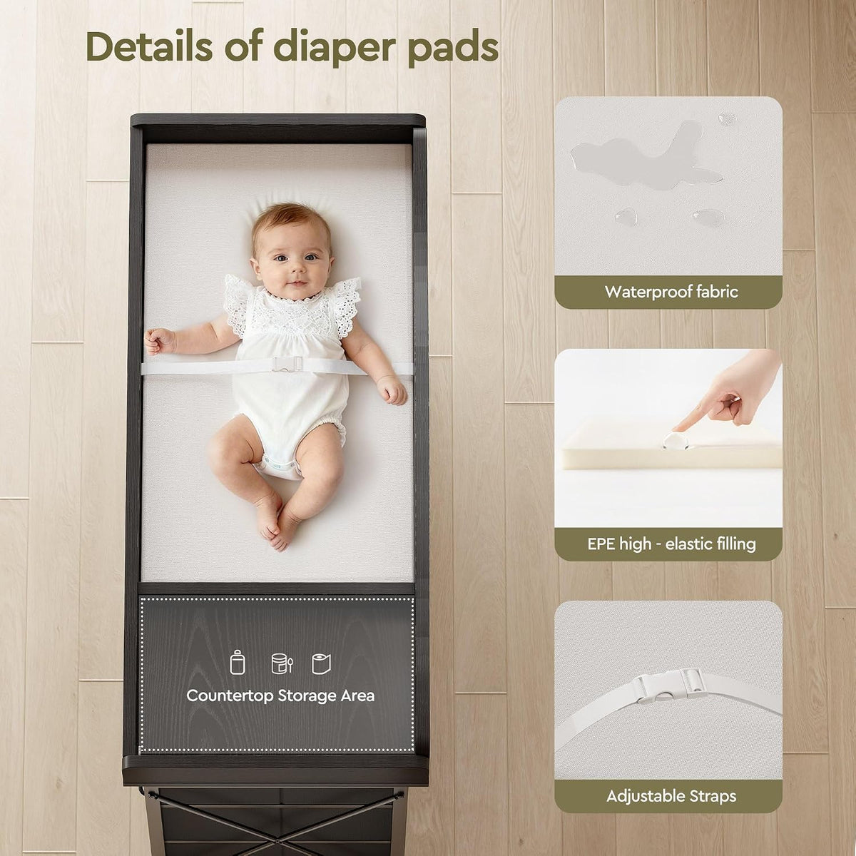 Baby Changing Table, 9 Fabric Boxes, Waterproof Pad, Mobile Nursery, Black