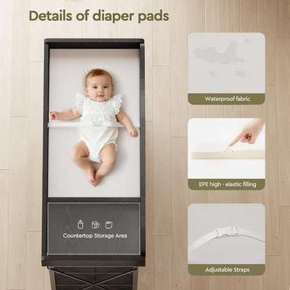 Baby Changing Table, 9 Fabric Boxes, Waterproof Pad, Mobile Nursery, Black