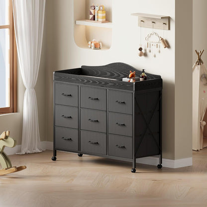 Baby Changing Table, 9 Fabric Boxes, Waterproof Pad, Mobile Nursery, Black