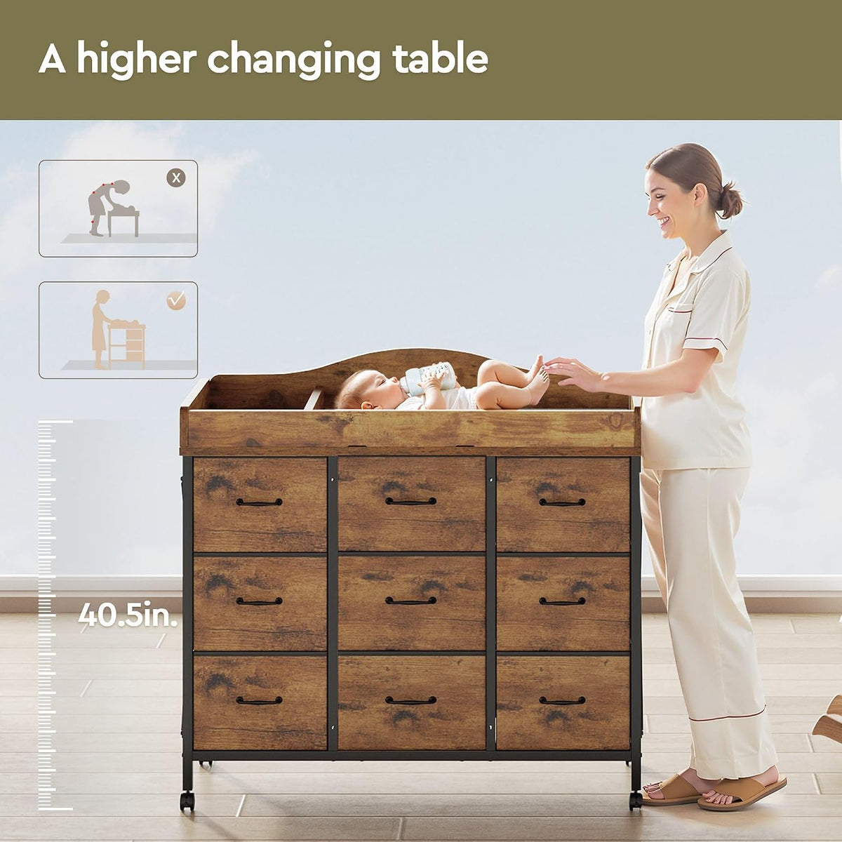 Baby Changing Table, 9 Fabric Boxes, Waterproof Pad, Mobile Nursery, Black