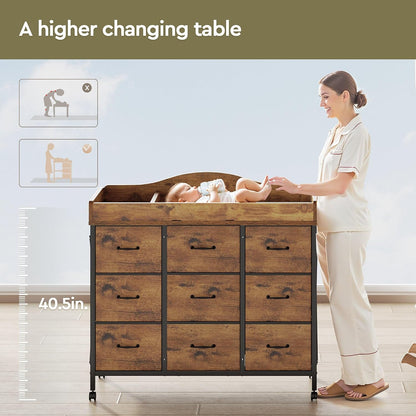Baby Changing Table, 9 Fabric Boxes, Waterproof Pad, Mobile Nursery, Black