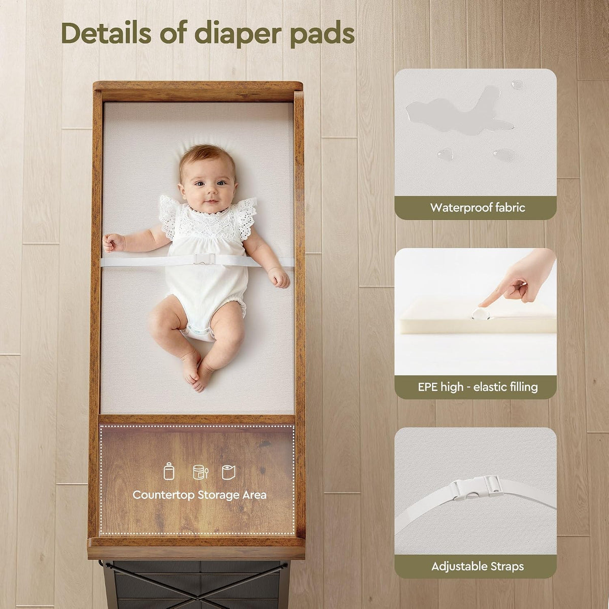 Baby Changing Table, 9 Fabric Boxes, Waterproof Pad, Mobile Nursery, Black