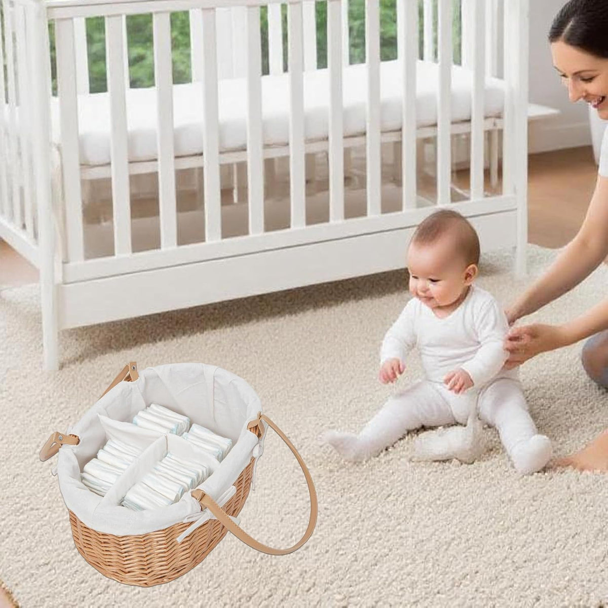 Wicker Diaper Caddy basket,Woven Baby Organizer for Nursery