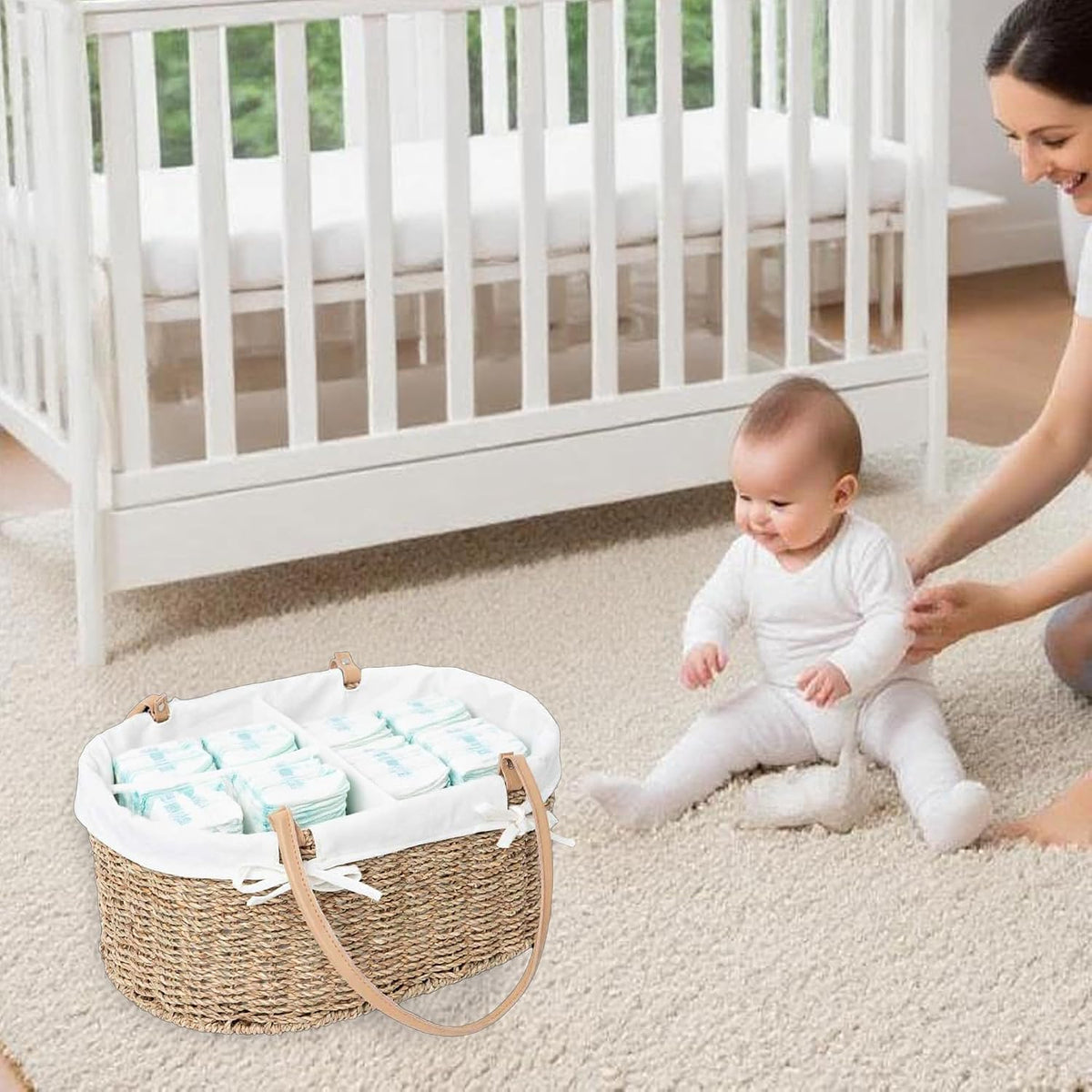 Wicker Diaper Caddy basket,Woven Baby Organizer for Nursery