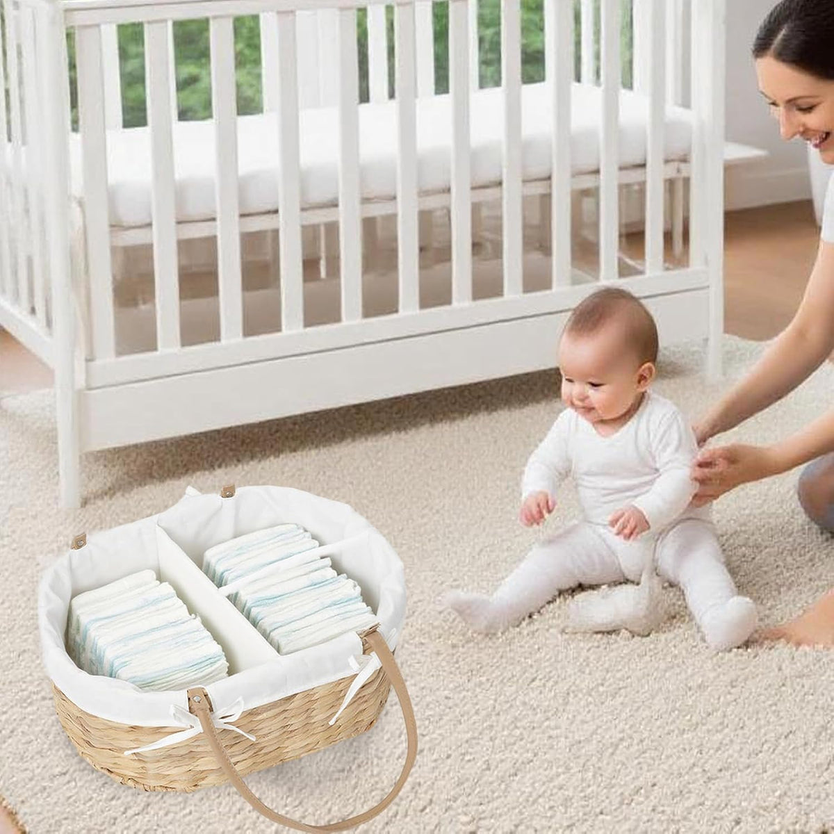 Wicker Diaper Caddy basket,Woven Baby Organizer for Nursery