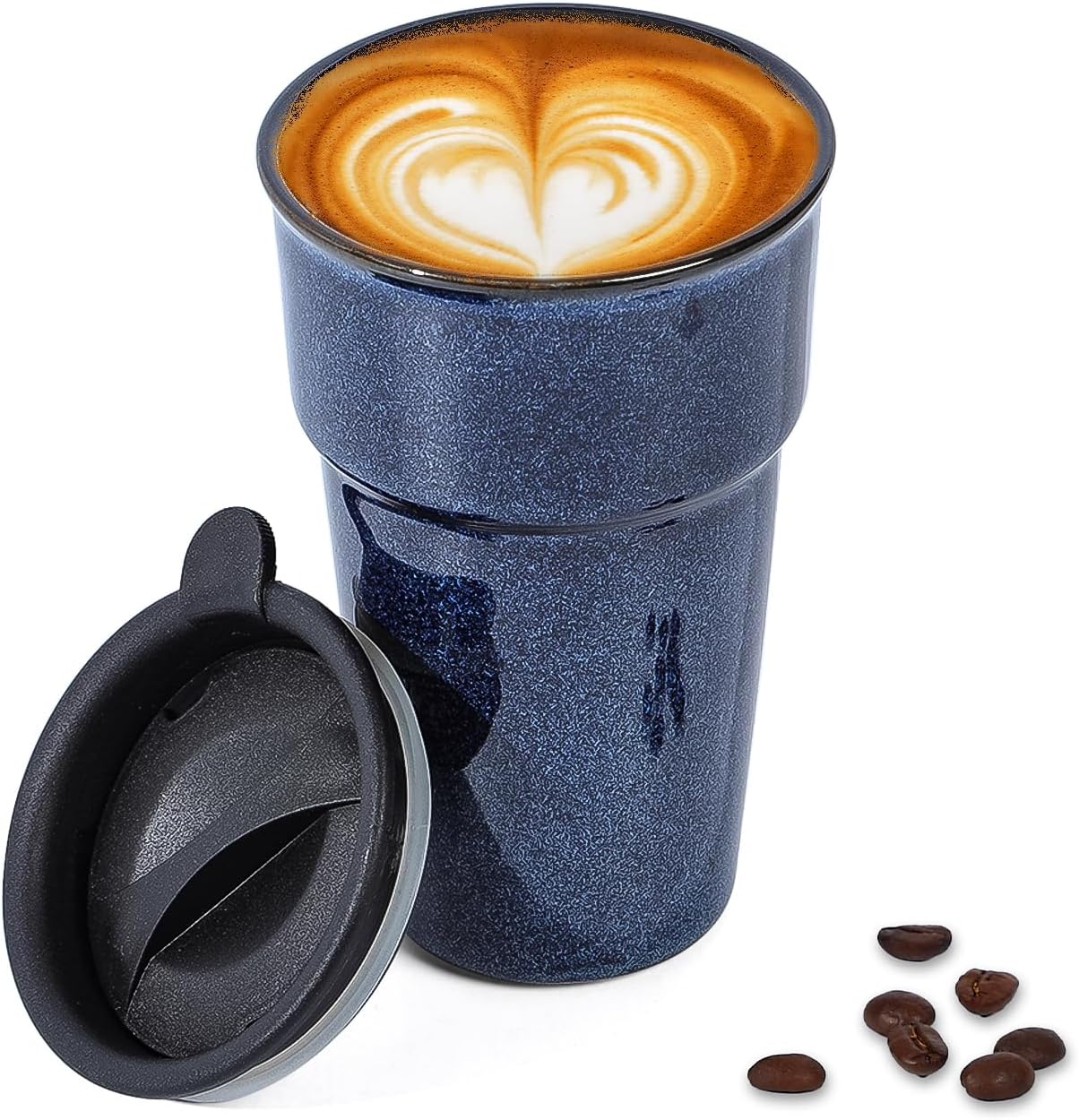 Travel Coffee Mug with Lid, Insulated Reusable Tall Cup, Portable Easy Carrying Coffee Mug for Car Cup Holders, Dishwasher Safe, 12oz, Reactive Glaze (Blue)