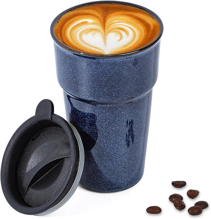 Travel Coffee Mug with Lid, Insulated Reusable Tall Cup, Portable Easy Carrying Coffee Mug for Car Cup Holders, Dishwasher Safe, 12oz, Reactive Glaze (Blue)