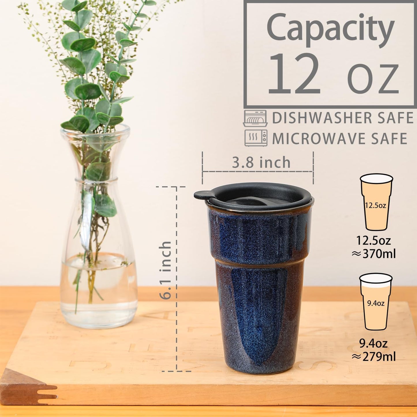 Travel Coffee Mug with Lid, Insulated Reusable Tall Cup, Portable Easy Carrying Coffee Mug for Car Cup Holders, Dishwasher Safe, 12oz, Reactive Glaze (Blue)